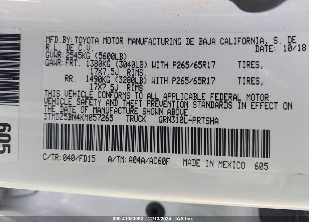 2019 TOYOTA TACOMA VIN: 3TMDZ5BN4KM057265