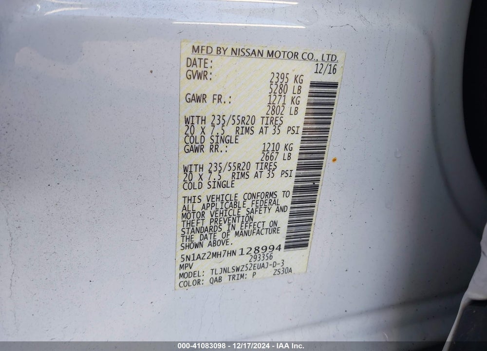 2017 NISSAN MURANO PLATINUM VIN: 5N1AZ2MH7HN128994