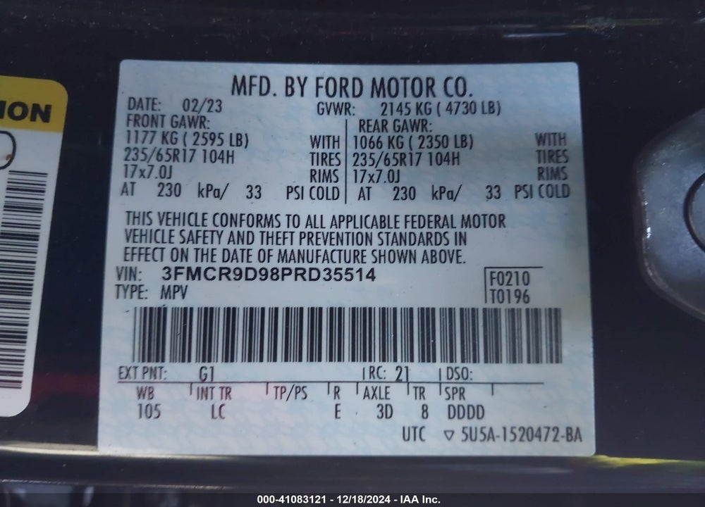 2023 FORD BRONCO SPORT BADLANDS VIN: 3FMCR9D98PRD35514