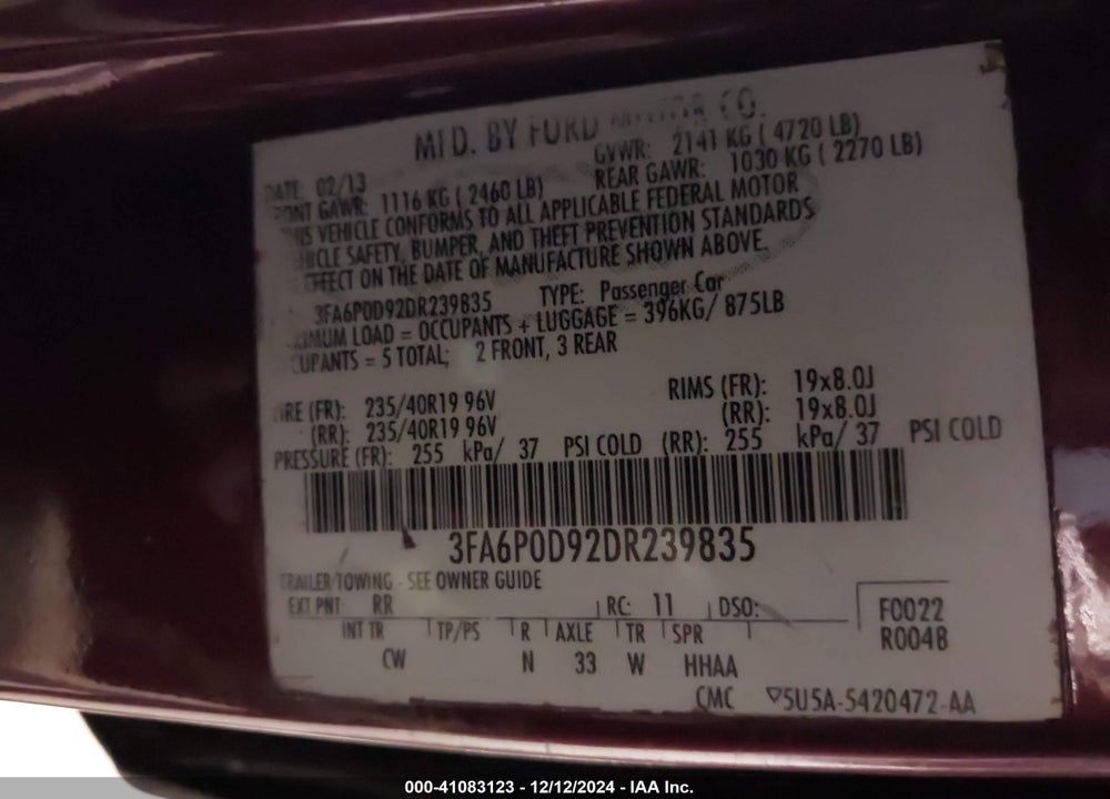 2013 FORD FUSION VIN: 3FA6P0D92DR239835