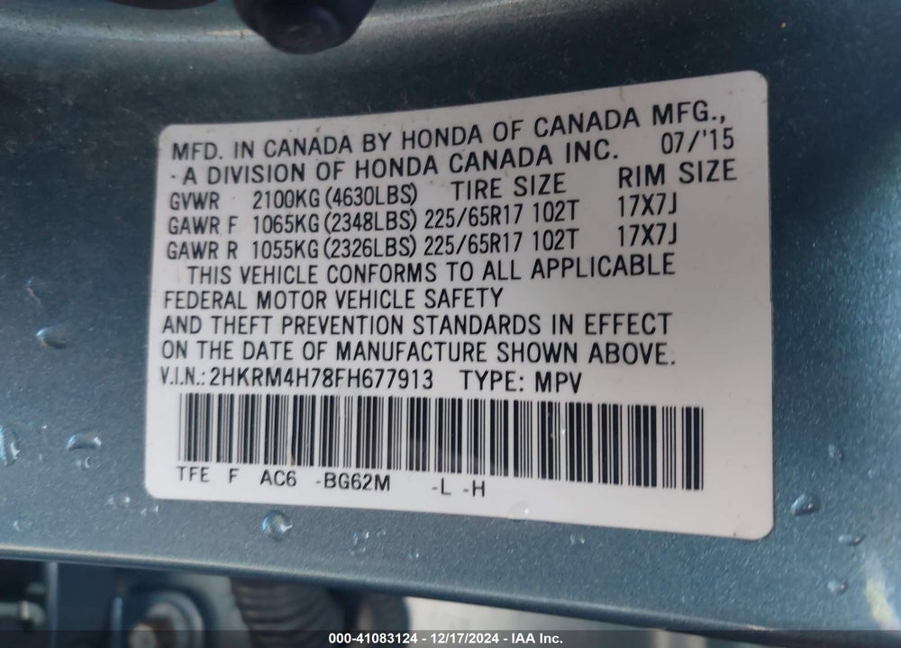 2015 HONDA CR-V EX-L VIN: 2HKRM4H78FH677913