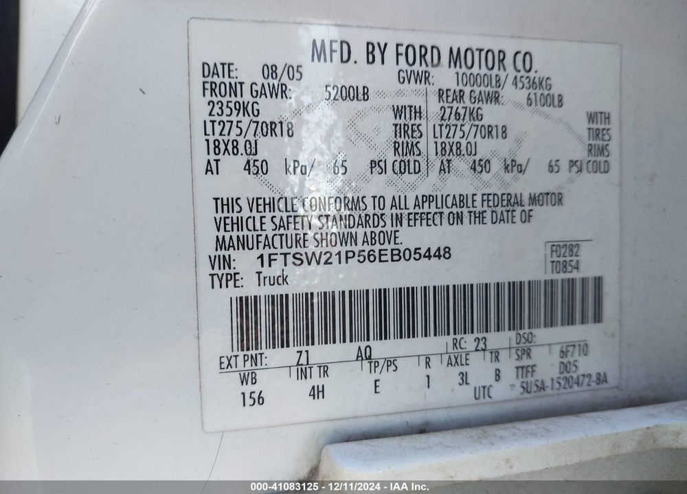 2006 FORD F-250 LARIAT/XL/XLT VIN: 1FTSW21P56EB05448