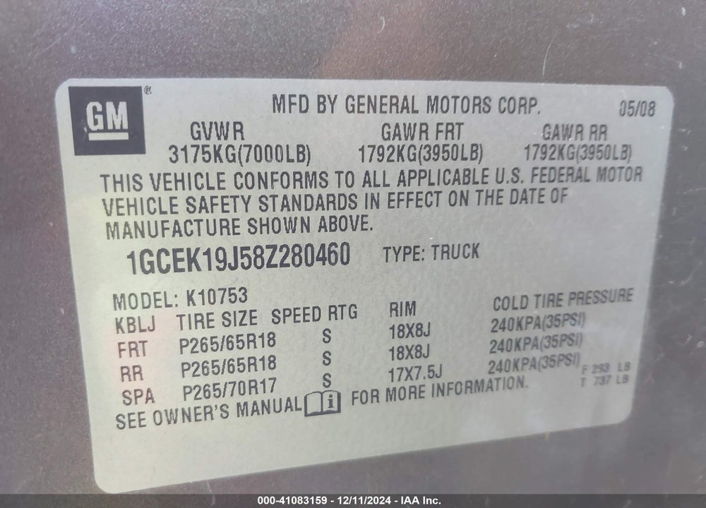 2008 CHEVROLET SILVERADO 1500 LTZ VIN: 1GCEK19J58Z280460