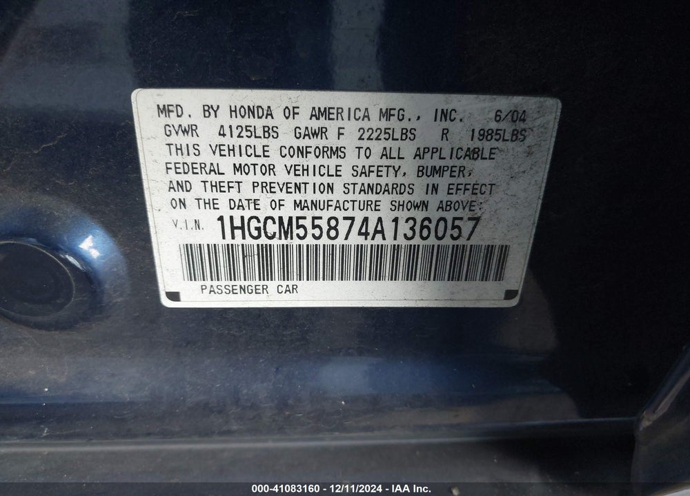 2004 HONDA ACCORD 2.4 EX VIN: 1HGCM55874A136057