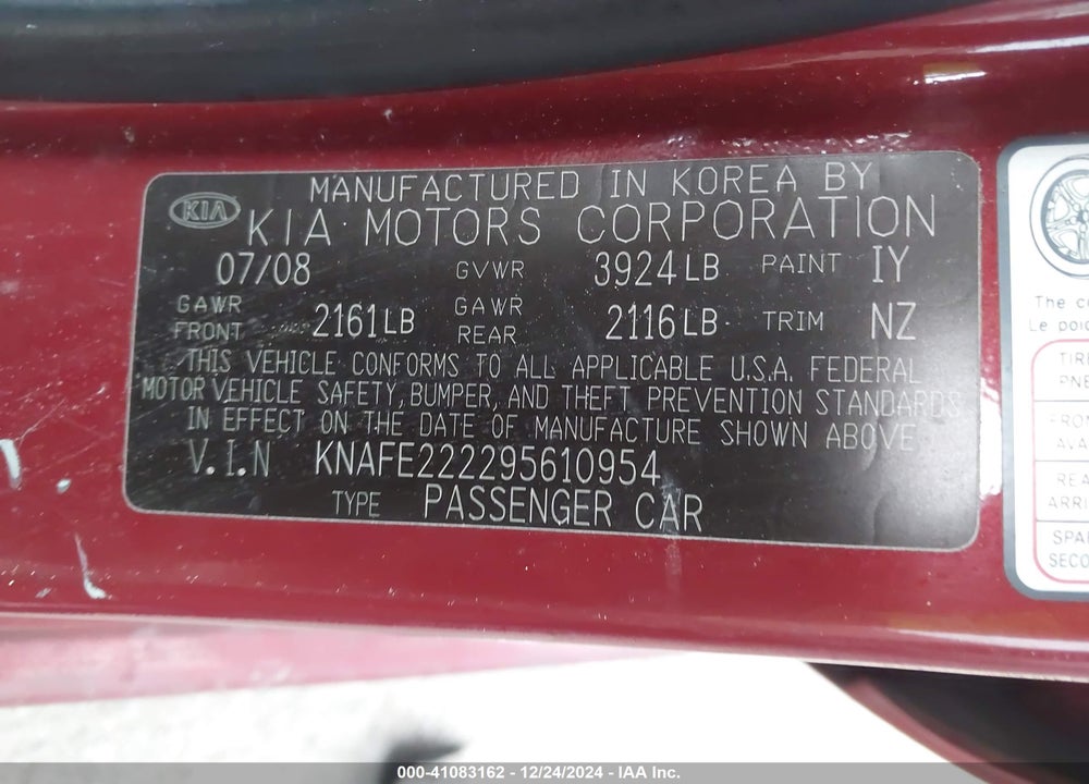 2009 KIA SPECTRA EX VIN: KNAFE222295610954