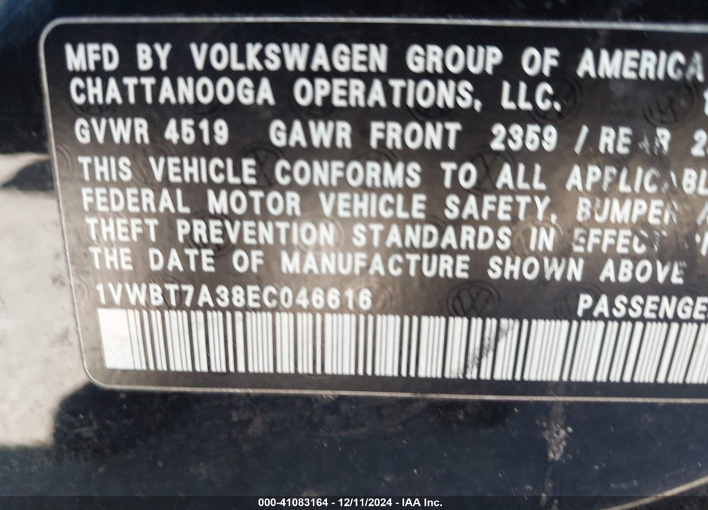 2014 VOLKSWAGEN PASSAT 1.8T SE VIN: 1VWBT7A38EC046616