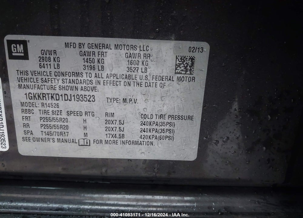 2013 GMC ACADIA DENALI VIN: 1GKKRTKD1DJ193523