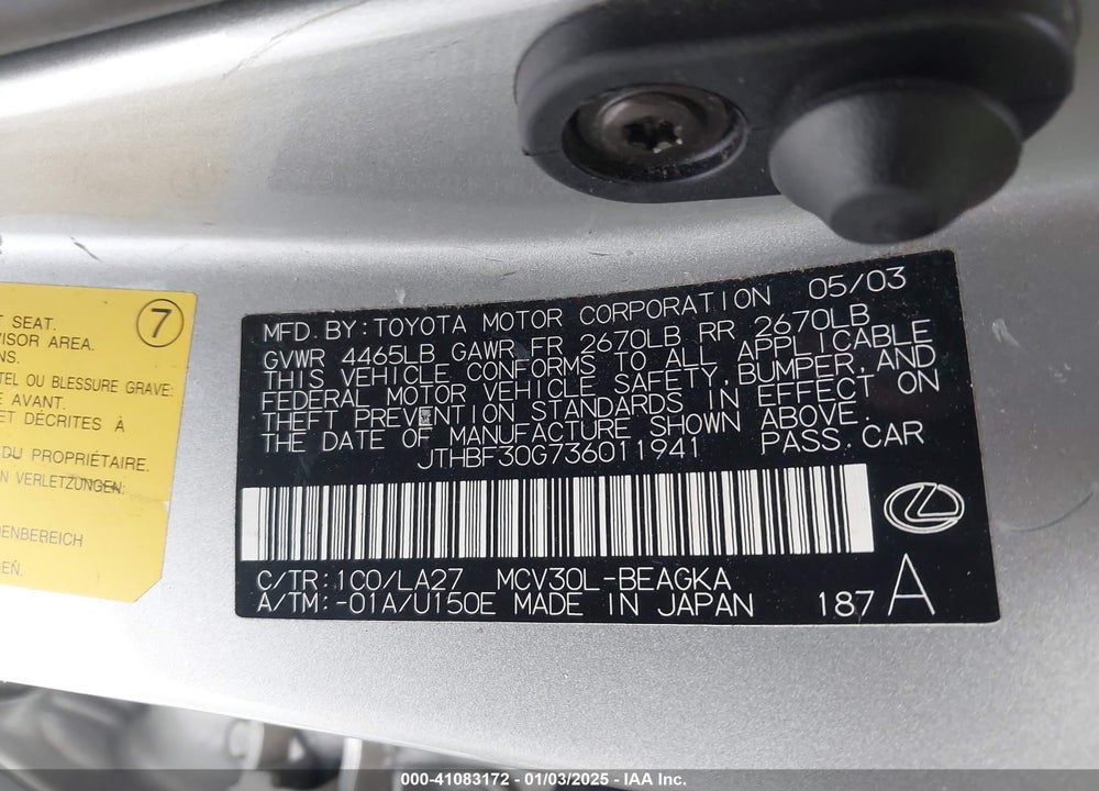 2003 LEXUS ES 300 VIN: JTHBF30G736011941