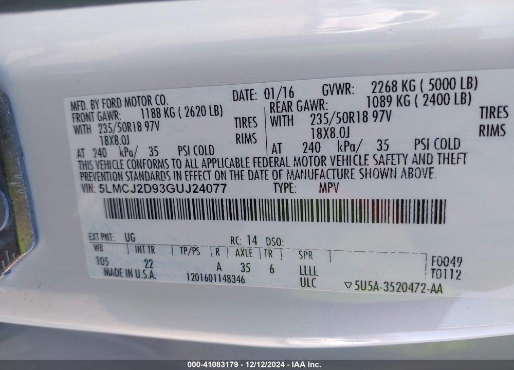 2016 LINCOLN MKC SELECT VIN: 5LMCJ2D93GUJ24077
