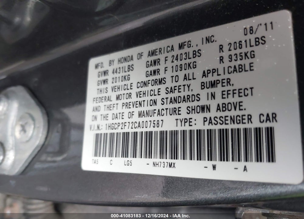 2012 HONDA ACCORD 2.4 EX VIN: 1HGCP2F72CA007587