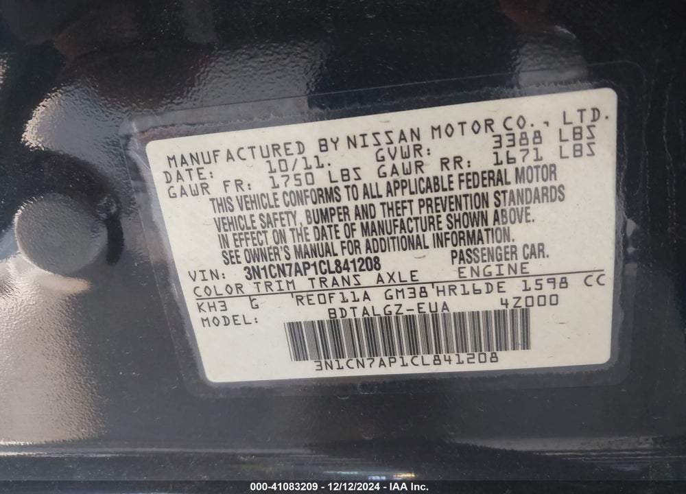 2012 NISSAN VERSA 1.6 SL VIN: 3N1CN7AP1CL841208