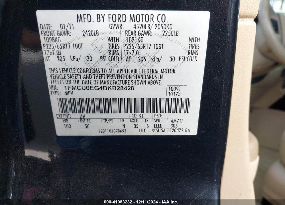 2011 FORD ESCAPE LIMITED VIN: 1FMCU0EG4BKB28428
