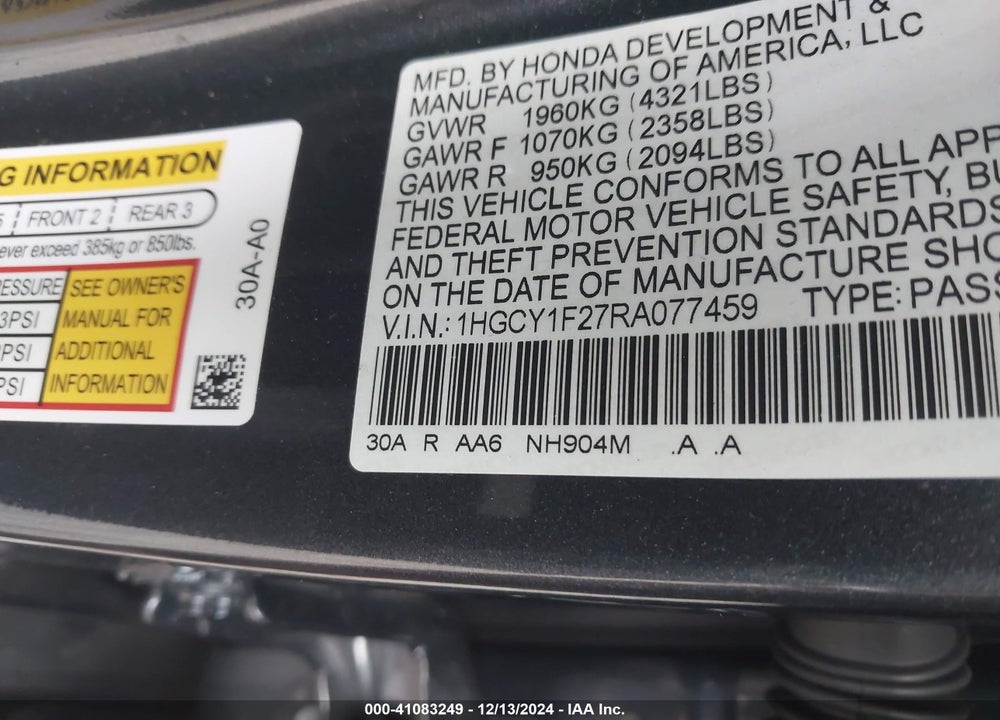 2024 HONDA ACCORD VIN: 1HGCY1F27RA077459