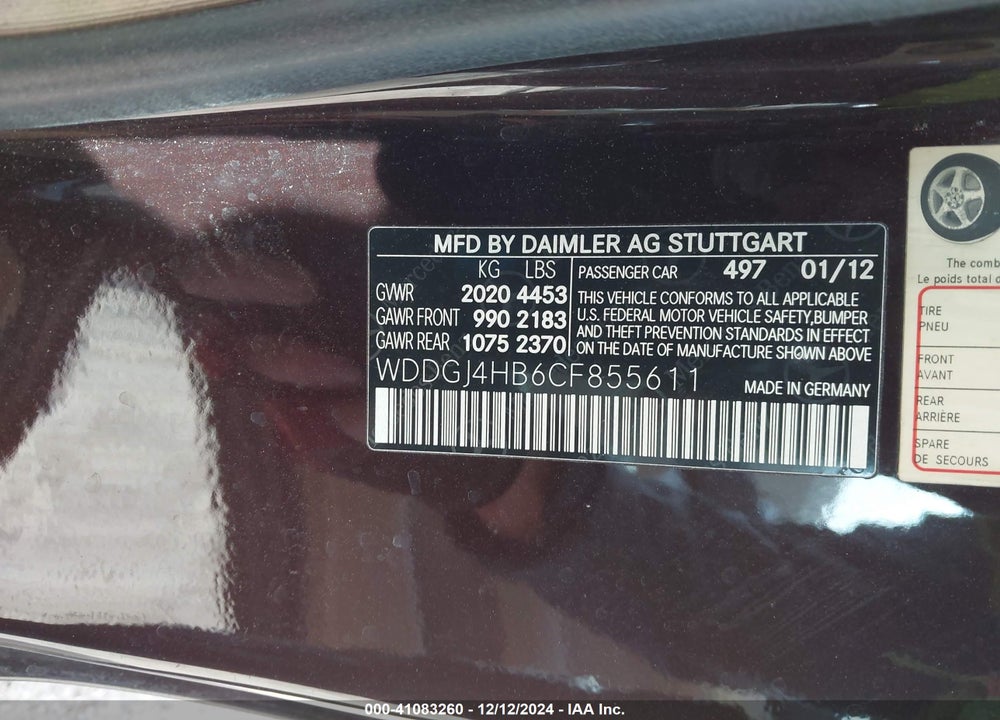2012 MERCEDES-BENZ C 250 VIN: WDDGJ4HB6CF855611