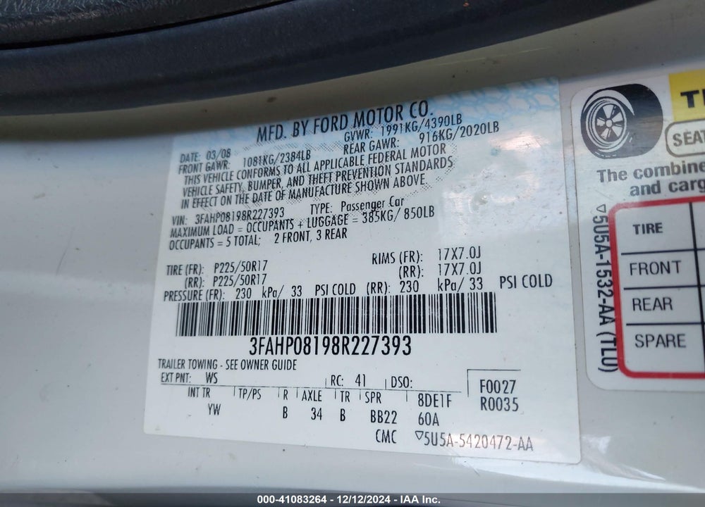 2008 FORD FUSION SEL VIN: 3FAHP08198R227393