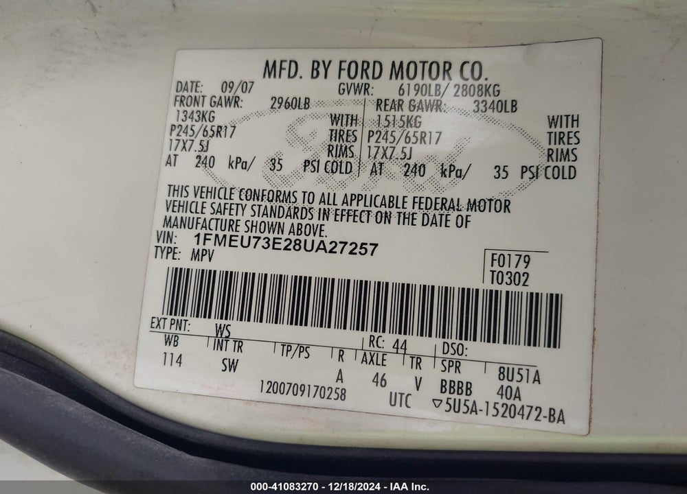 2008 FORD EXPLORER XLT VIN: 1FMEU73E28UA27257