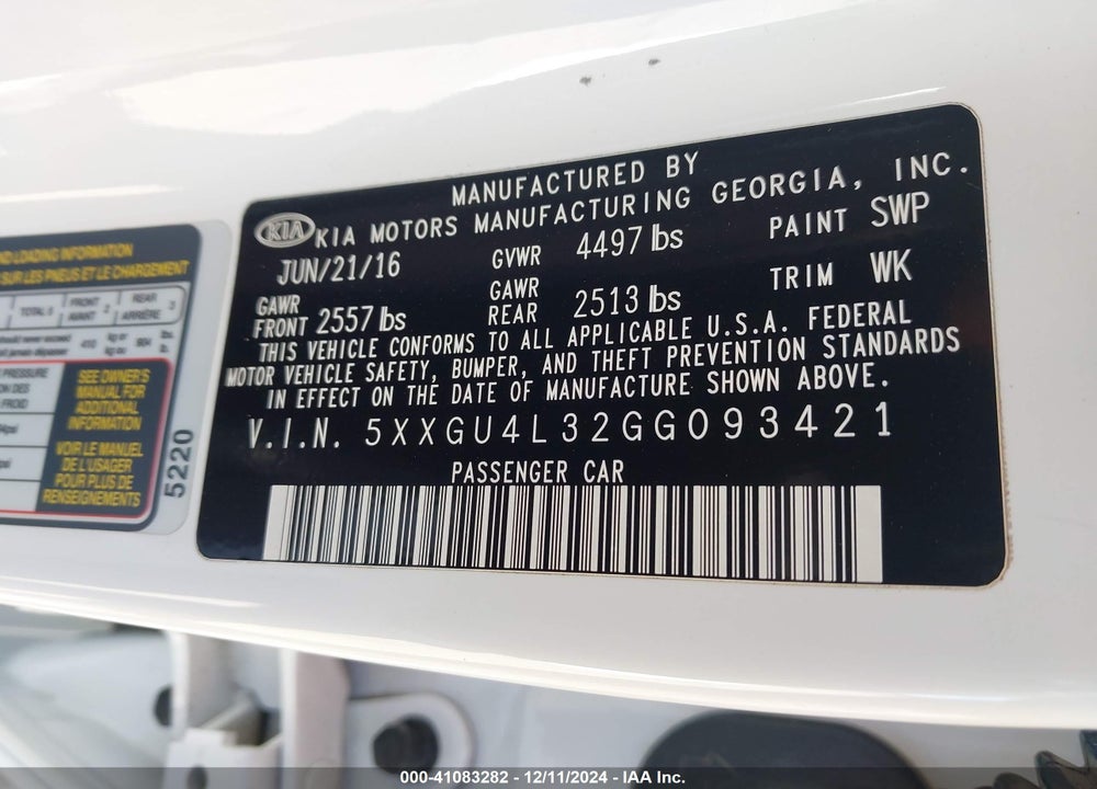 2016 KIA OPTIMA EX VIN: 5XXGU4L32GG093421