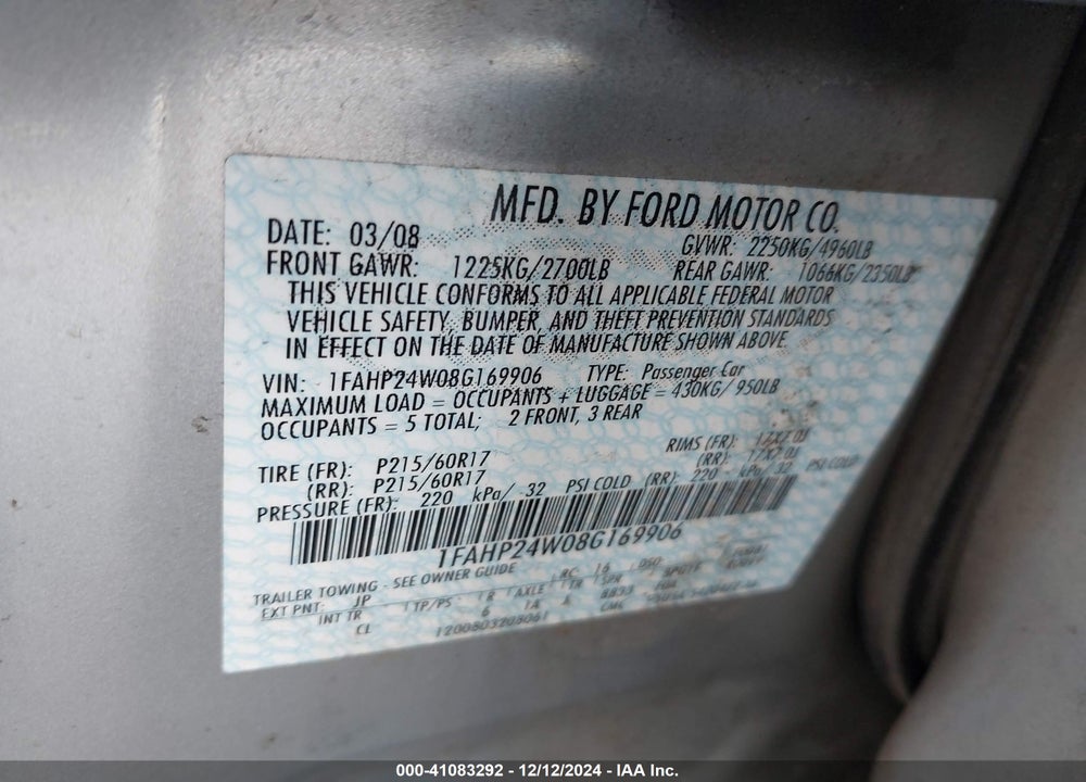 2008 FORD TAURUS SEL VIN: 1FAHP24W08G169906