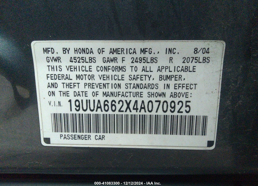 2004 ACURA TL VIN: 19UUA662X4A070925