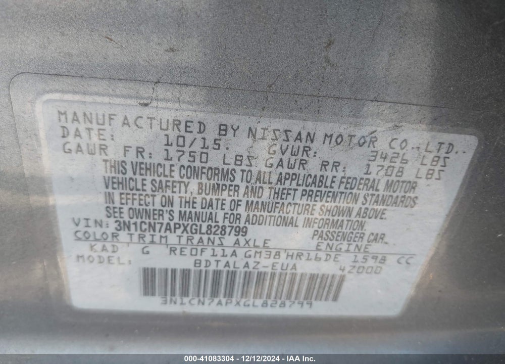 2016 NISSAN VERSA VIN: 3N1CN7APXGL828799