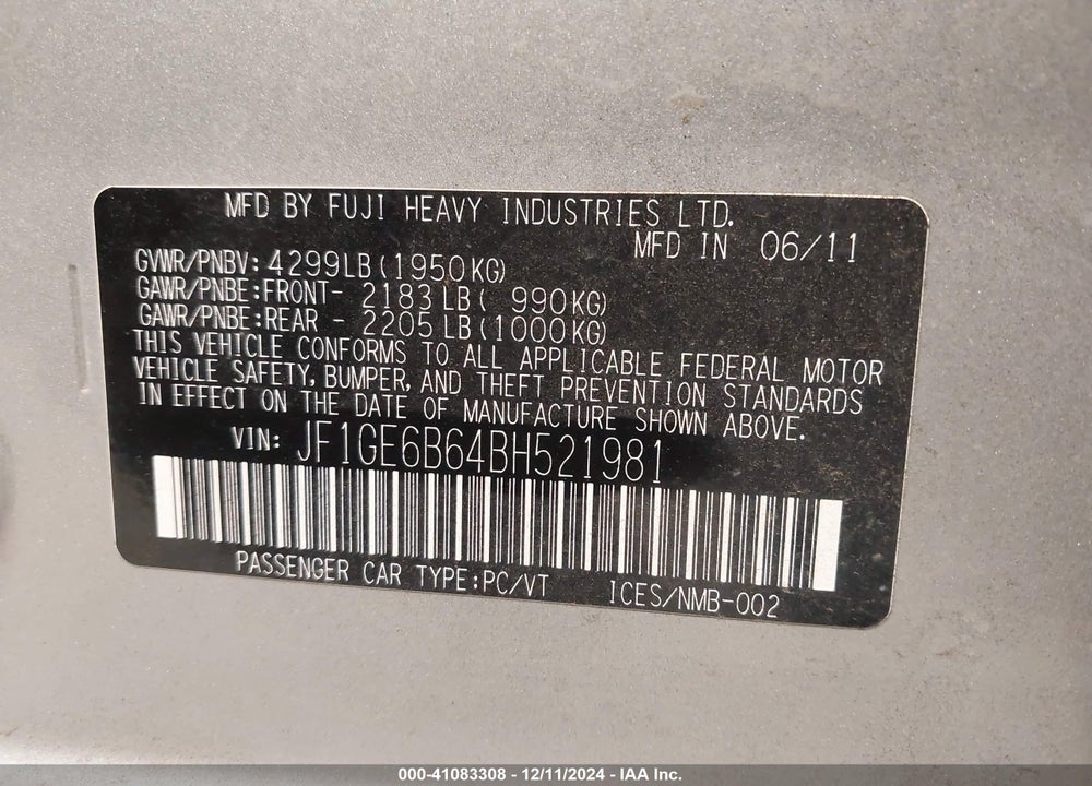 2011 SUBARU IMPREZA 2.5I PREMIUM VIN: JF1GE6B64BH521981