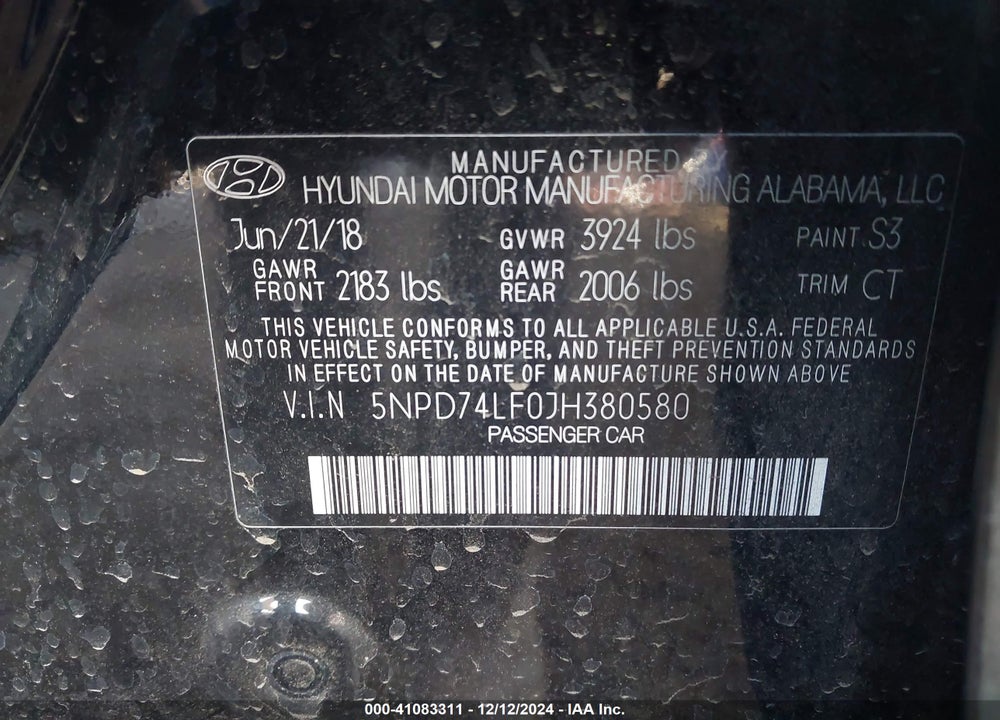 2018 HYUNDAI ELANTRA SE VIN: 5NPD74LF0JH380580