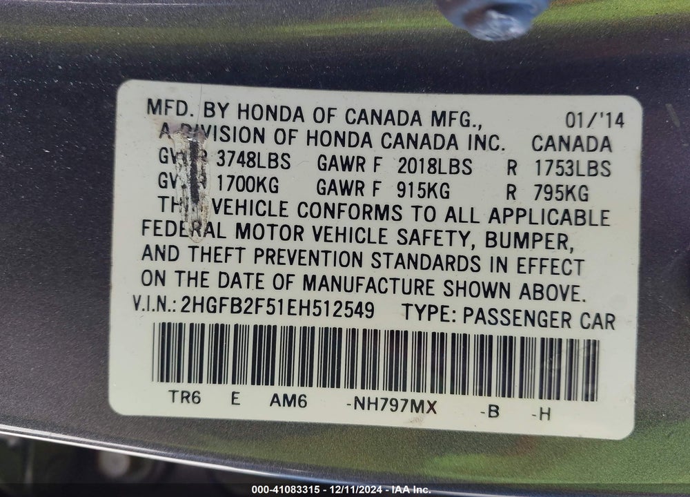 2014 HONDA CIVIC LX VIN: 2HGFB2F51EH512549