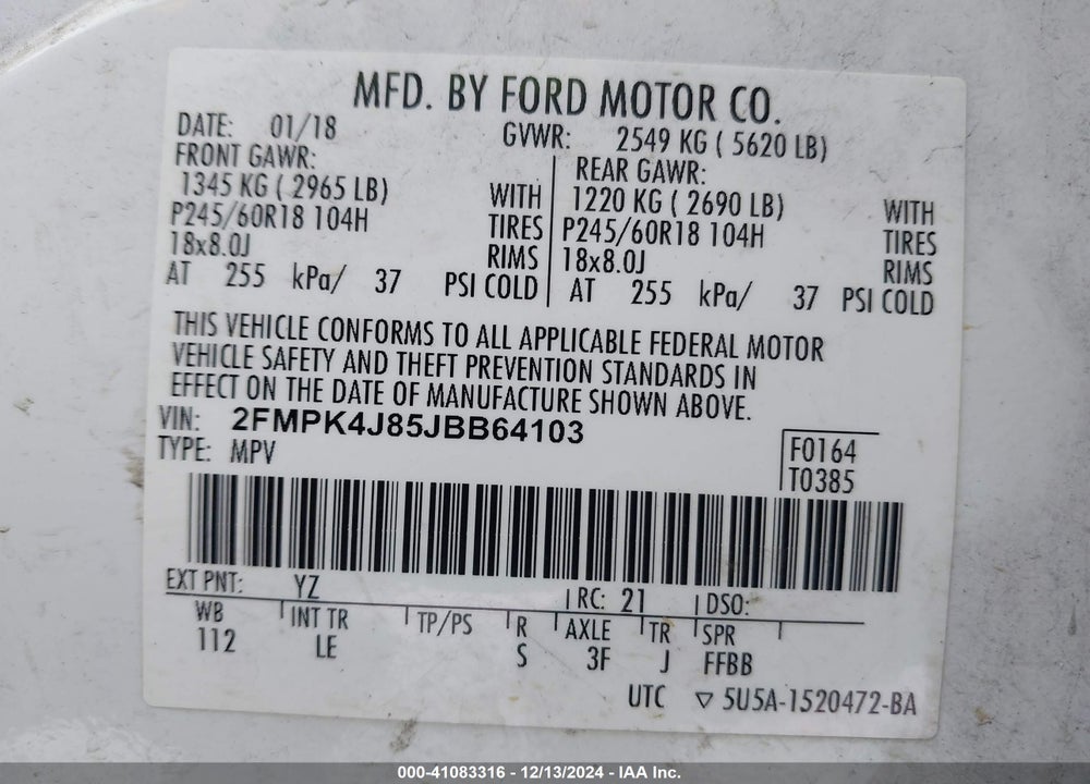2018 FORD EDGE SEL VIN: 2FMPK4J85JBB64103