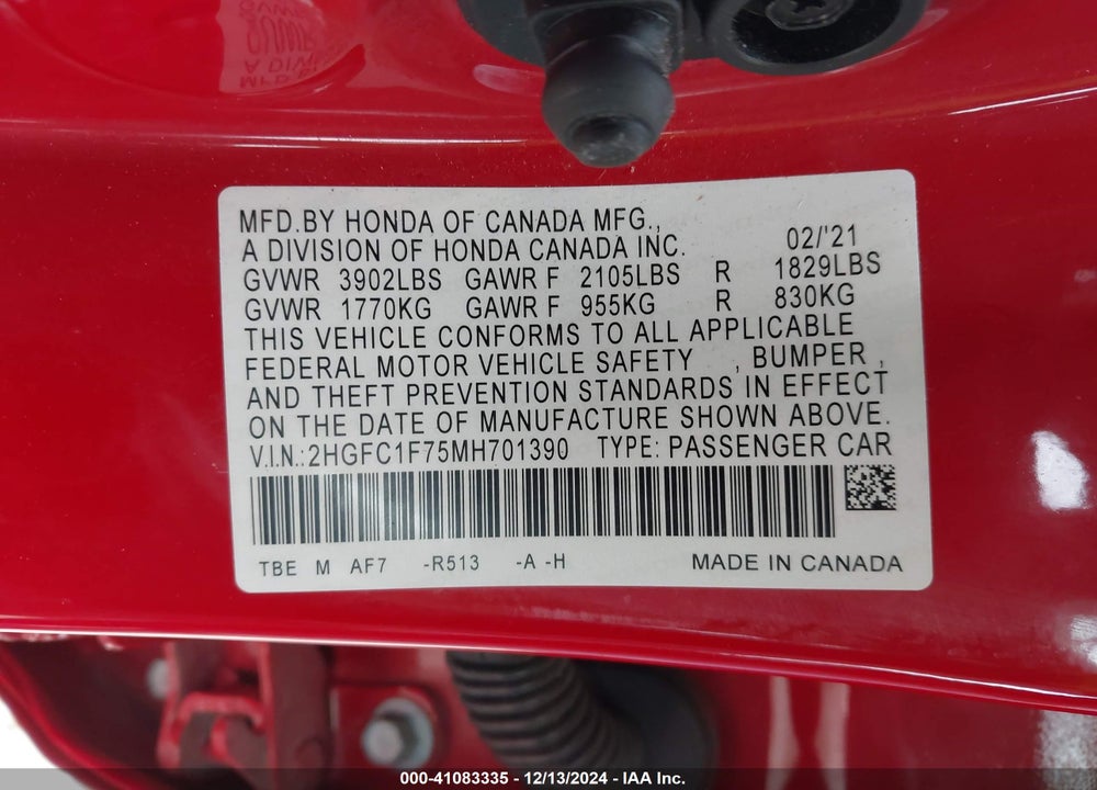 2021 HONDA CIVIC EX-L VIN: 2HGFC1F75MH701390