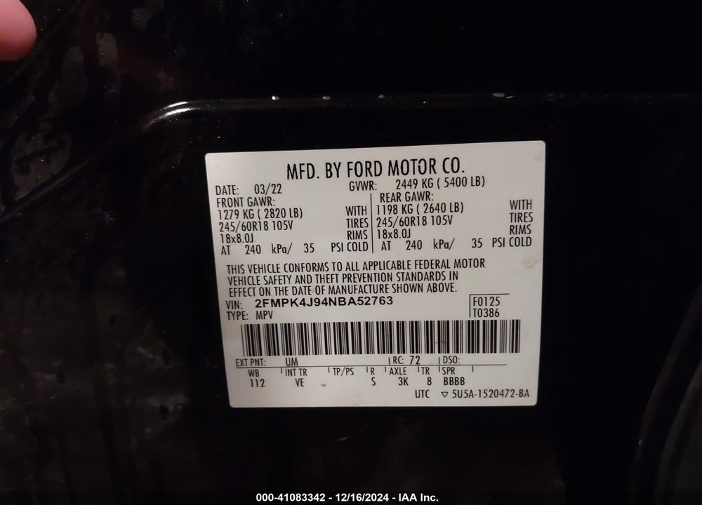 2022 FORD EDGE SEL VIN: 2FMPK4J94NBA52763