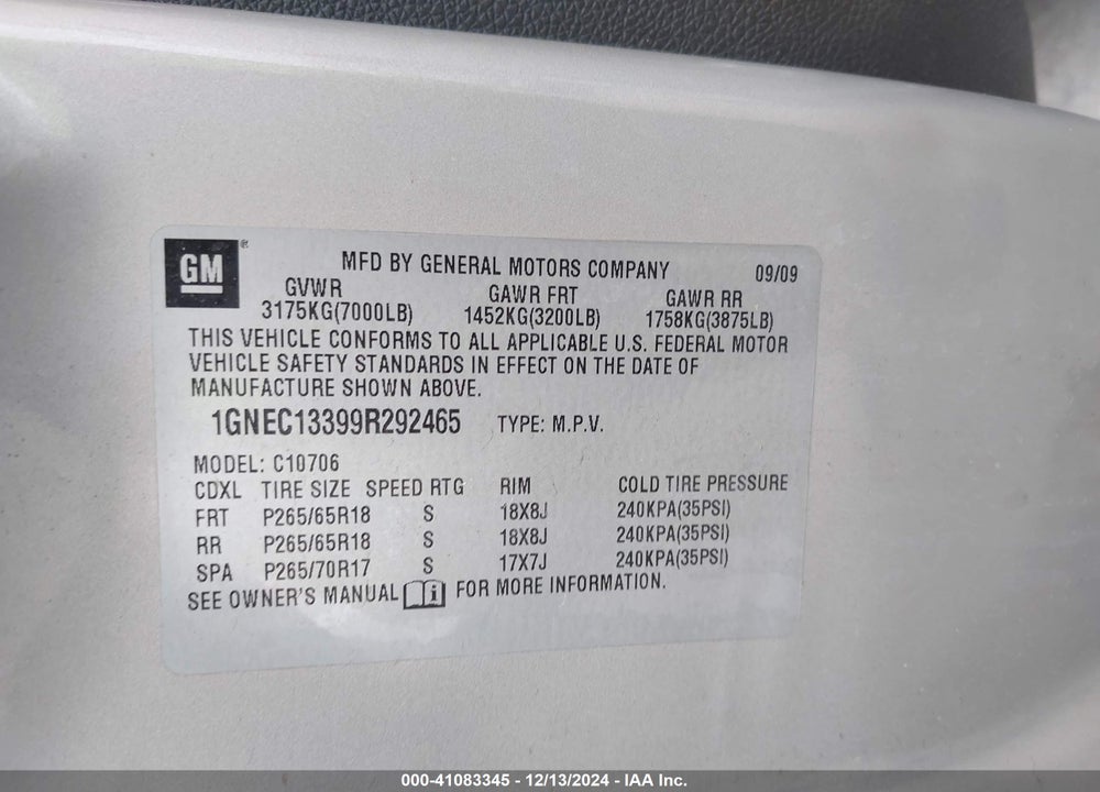 2009 CHEVROLET TAHOE LS VIN: 1GNEC13399R292465