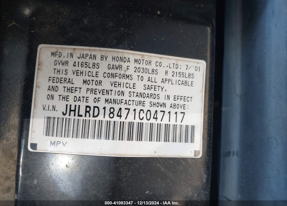 2001 HONDA CR-V LX VIN: JHLRD18471C047117