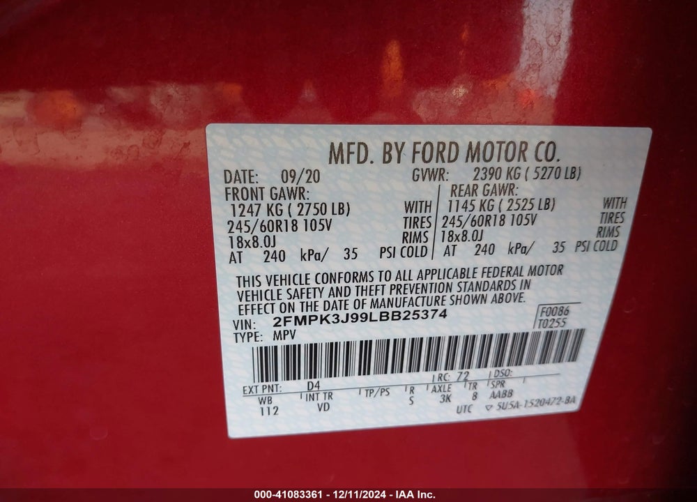 2020 FORD EDGE SEL VIN: 2FMPK3J99LBB25374