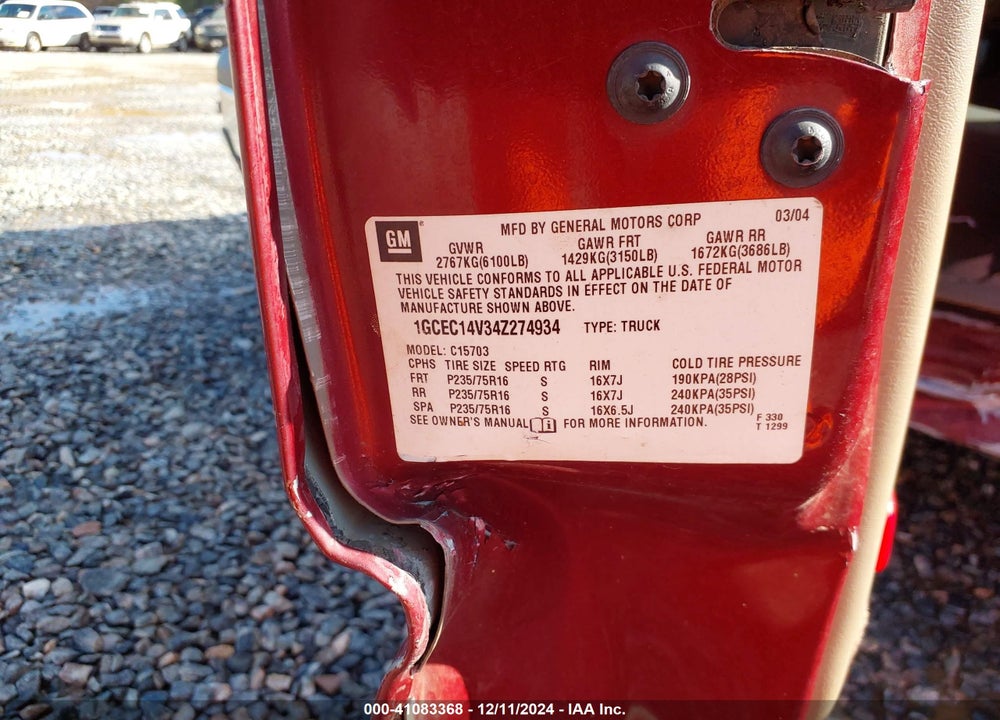 2004 CHEVROLET SILVERADO 1500 LS VIN: 1GCEC14V34Z274934