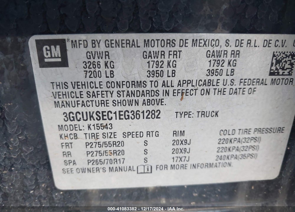 2014 CHEVROLET SILVERADO 1500 2LZ VIN: 3GCUKSEC1EG361282