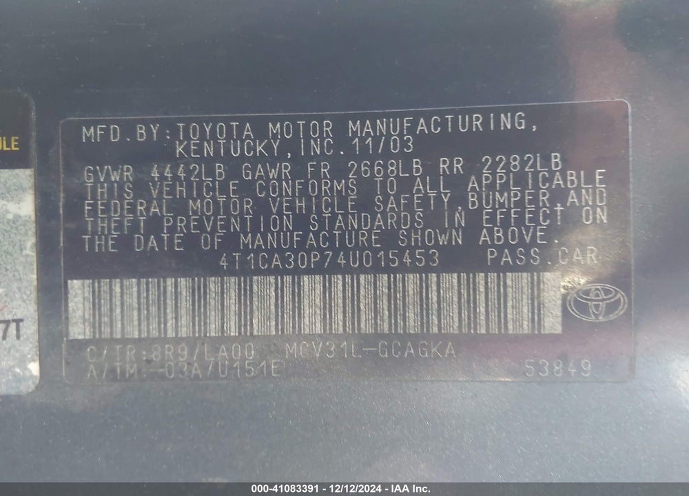 2004 TOYOTA CAMRY SOLARA SLE V6 VIN: 4T1CA30P74U015453