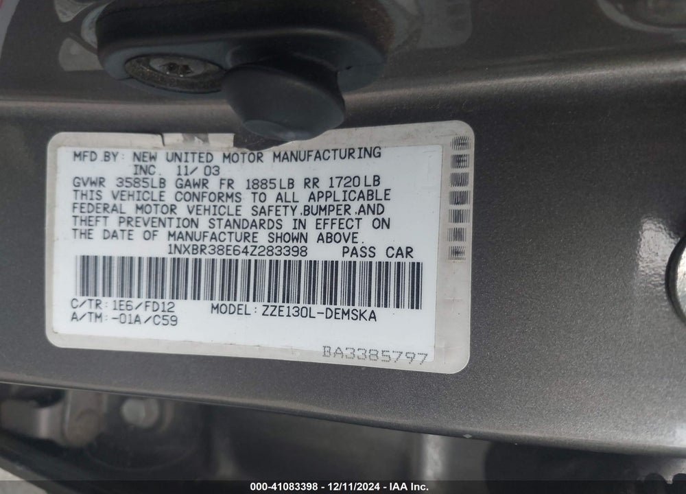 2004 TOYOTA COROLLA S VIN: 1NXBR38E64Z283398