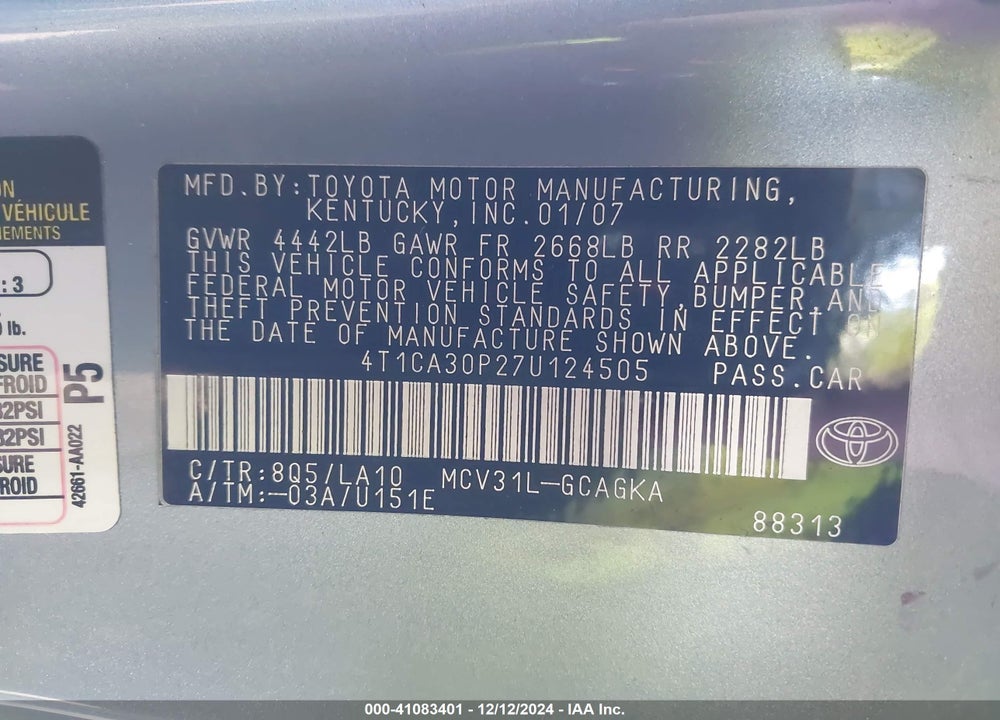 2007 TOYOTA CAMRY SOLARA SLE V6 VIN: 4T1CA30P27U124505