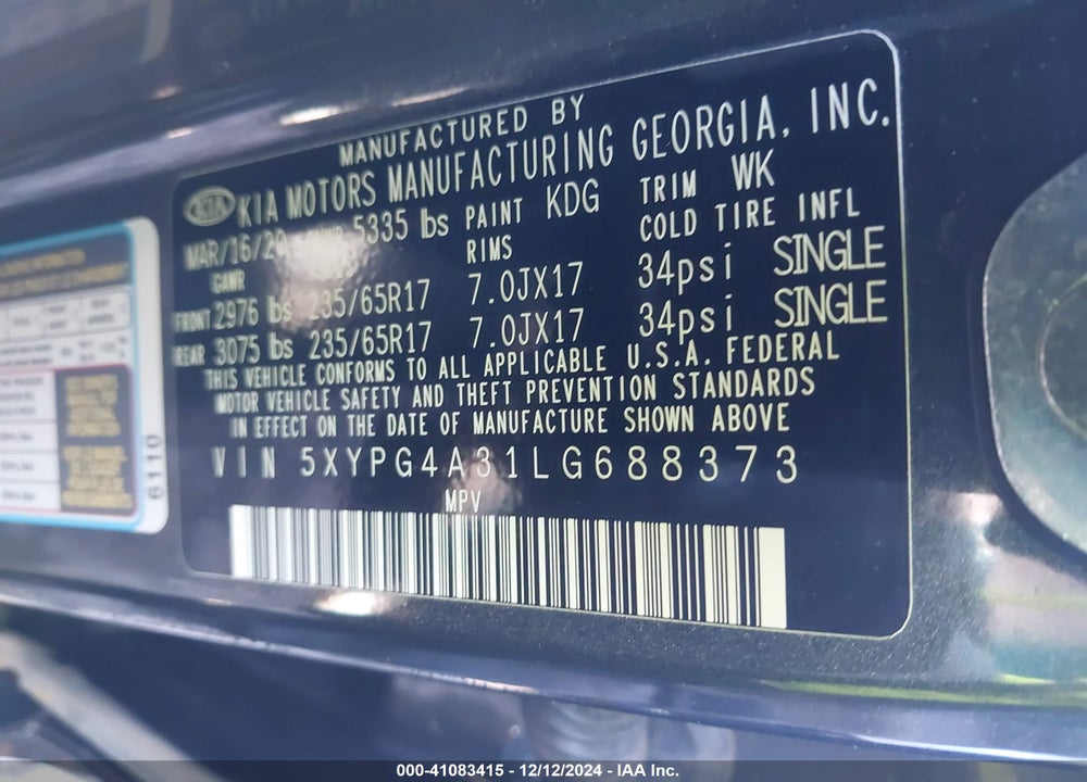 2020 KIA SORENTO 2.4L LX VIN: 5XYPG4A31LG688373