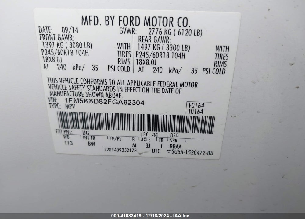 2015 FORD EXPLORER XLT VIN: 1FM5K8D82FGA92304