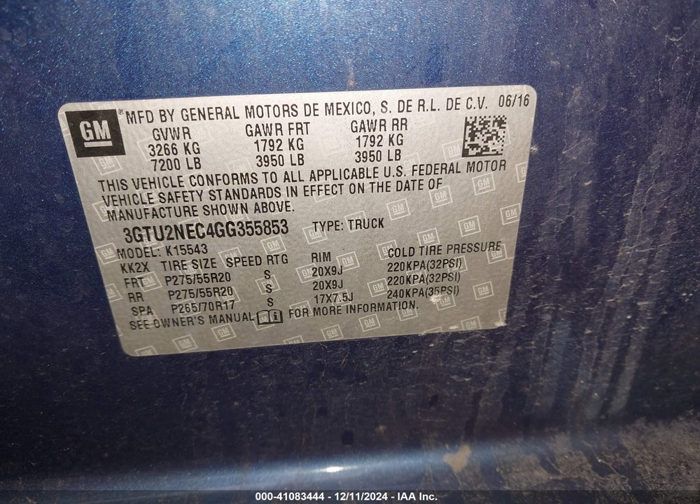 2016 GMC SIERRA 1500 VIN: 3GTU2NEC4GG355853