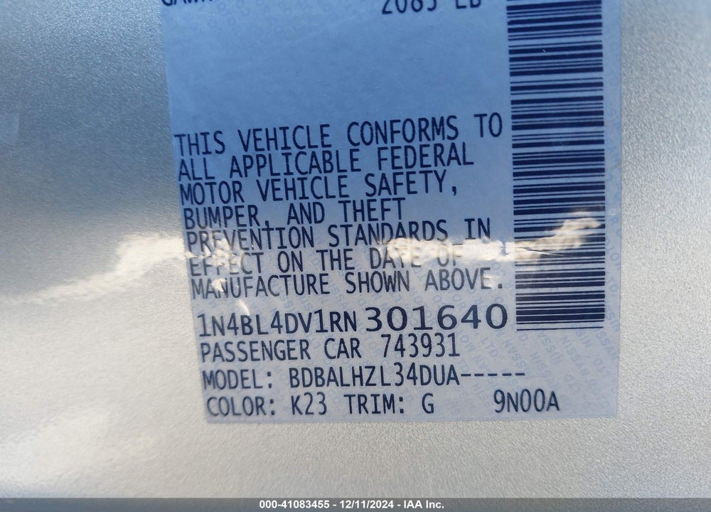 2024 NISSAN ALTIMA VIN: 1N4BL4DV1RN301640