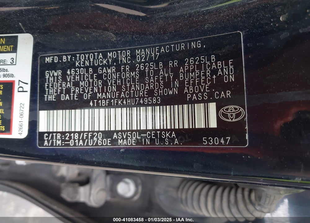 2017 TOYOTA CAMRY VIN: 4T1BF1FK4HU749583