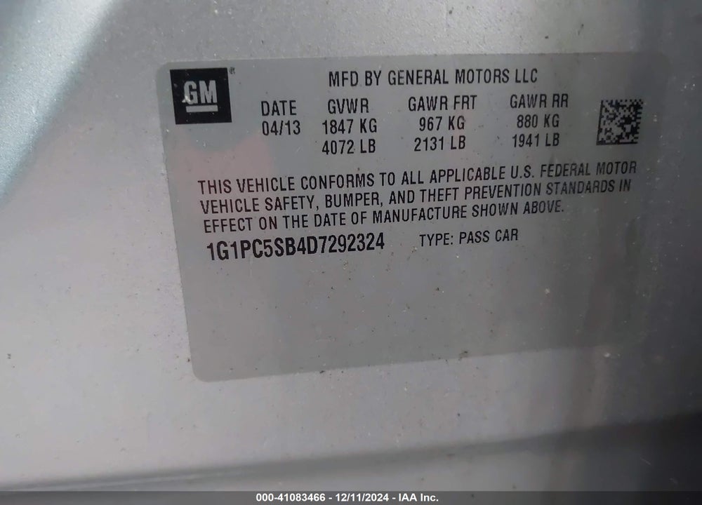 2013 CHEVROLET CRUZE 1LT AUTO VIN: 1G1PC5SB4D7292324