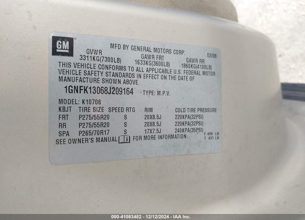 2008 CHEVROLET TAHOE LTZ VIN: 1GNFK13068J209164