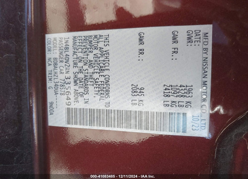 2024 NISSAN ALTIMA VIN: 1N4BL4DV2RN335649