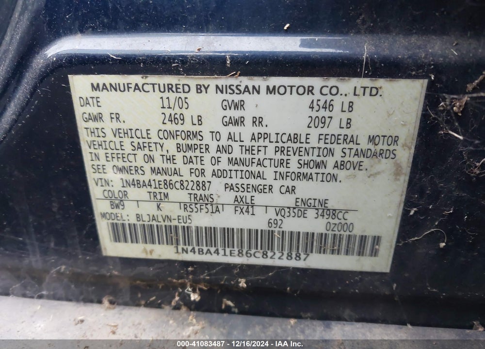2006 NISSAN MAXIMA 3.5 SE VIN: 1N4BA41E86C822887
