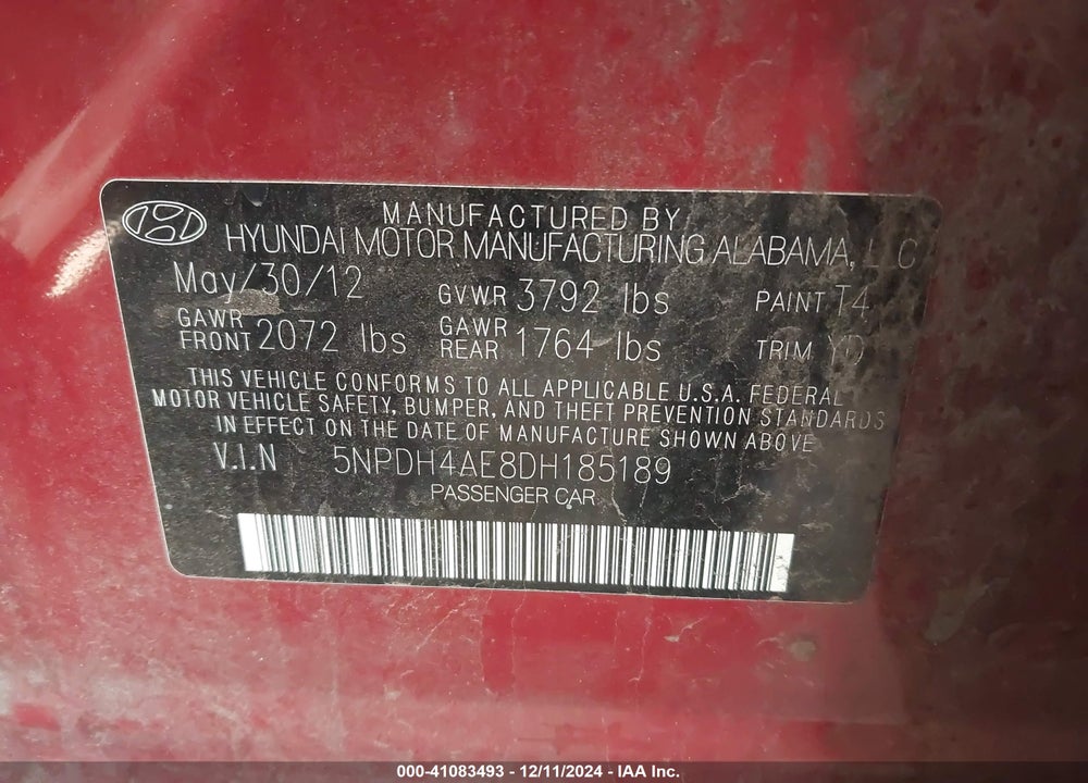 2013 HYUNDAI ELANTRA VIN: 5NPDH4AE8DH185189