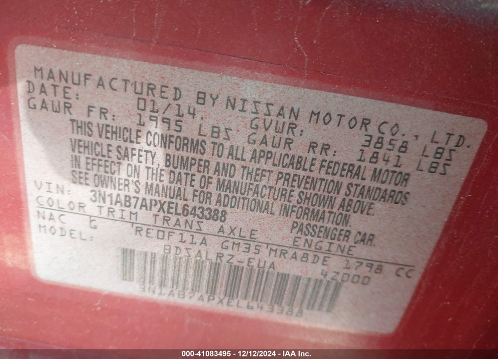 2014 NISSAN SENTRA SR VIN: 3N1AB7APXEL643388