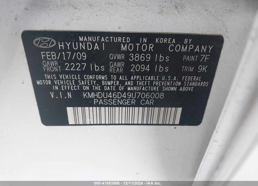 2009 HYUNDAI ELANTRA GLS VIN: KMHDU46D49U706008